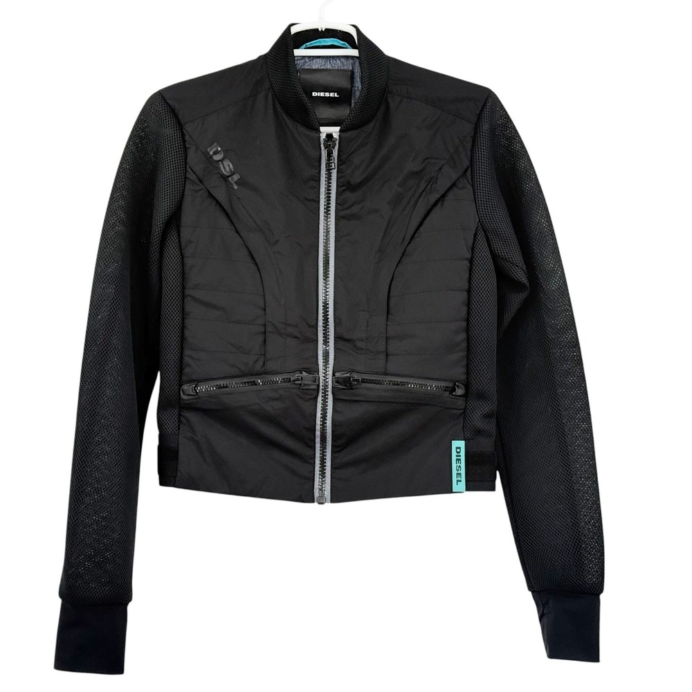 Diesel Women's Black Nylon Mesh Mixed Media Streetwear Bomber Jacket Sz Small